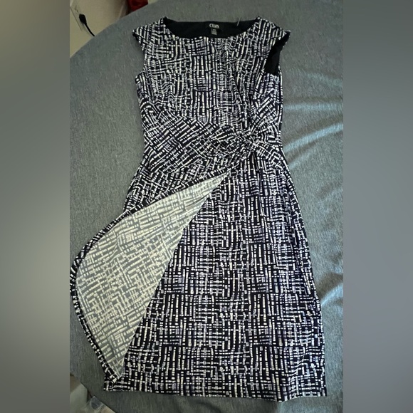 Dress by Chaps Blue, White Geometric Print Knotted Waist P2P: 17” Stretchy - Picture 9 of 12